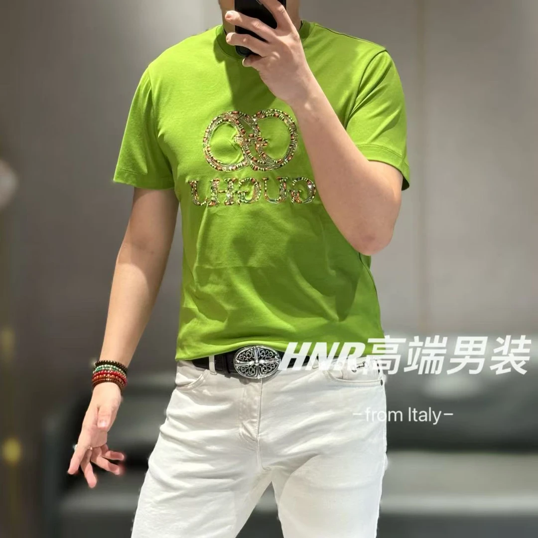 【雷迪·凯奇】品牌高精密度刺绣异性奥钻点缀三色丝光T恤026