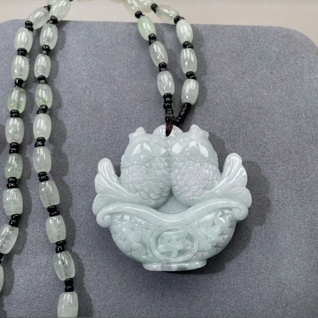 翡翠A货果绿双鱼带链子品质好冰【超哥宠粉】