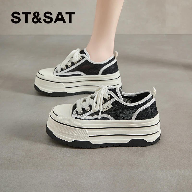 星期六轻奢小香风夏季帆布鞋2025新款夏季运动鞋纯色蕾丝浅口女鞋