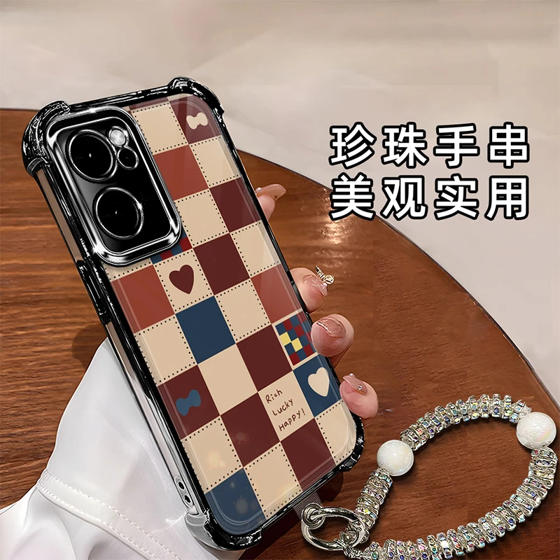 适用于【OPPO】Reno7时尚个性拼接格子爱心电镀防摔手机壳