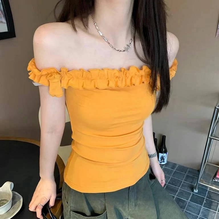 纯欲辣妹花边一字肩设计感T恤女夏季新款独特修身显瘦百搭小睡衣