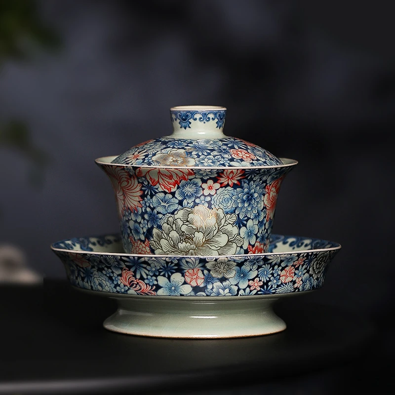 仿古开片汝窑高档掐丝金牡丹万花青花陶瓷三才盖碗功夫茶具泡茶器