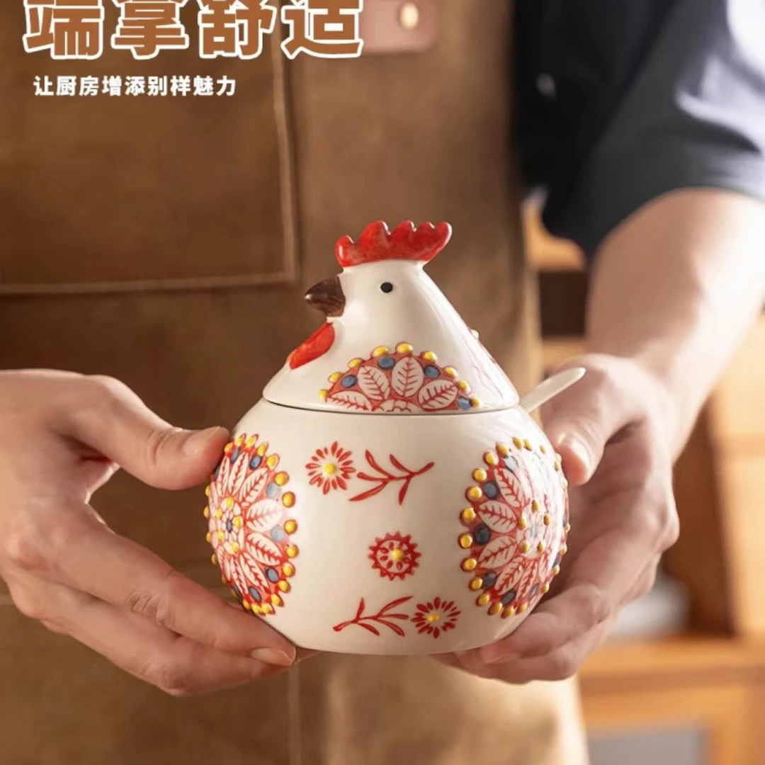 1597手绘釉下彩陶瓷公鸡调味罐两件套餐具套装