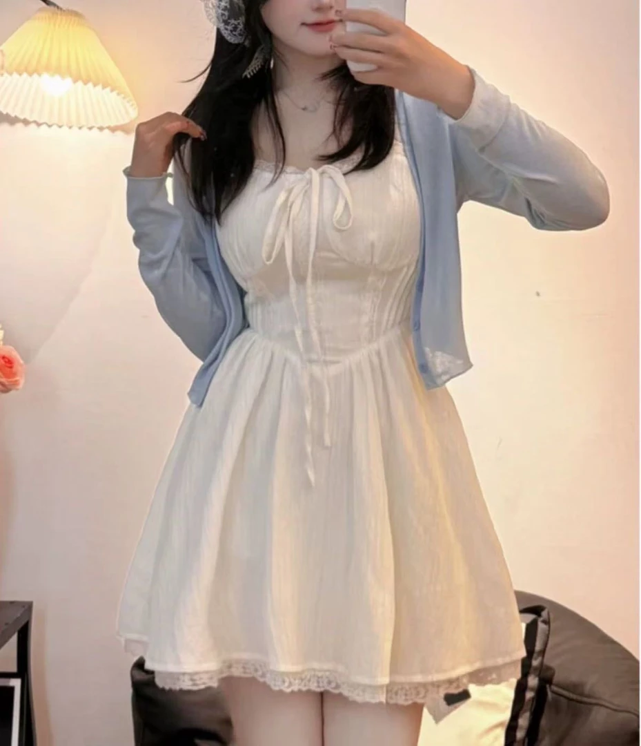 王富贵儿推荐大码拼接白色连衣裙女夏季吊带裙两件套装8816+8815