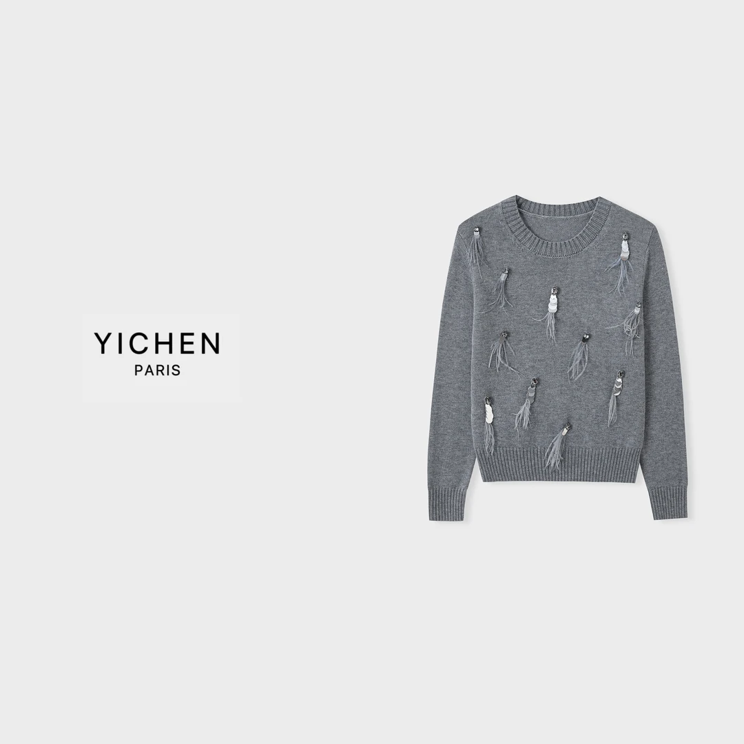 YC 重工钉珠羽毛装饰花灰色圆领针织毛衣-2778