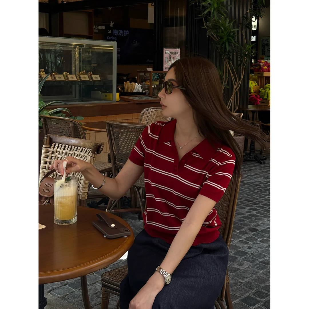 【巴洛克街区】“T丝衫”设计红白对条条纹重工翻领短袖上衣21859