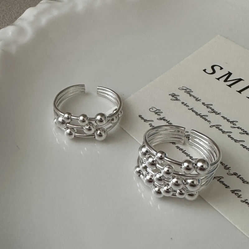 925银戒指 韩版小众设计感多层线条珠珠戒指韩国东大门热卖款指环