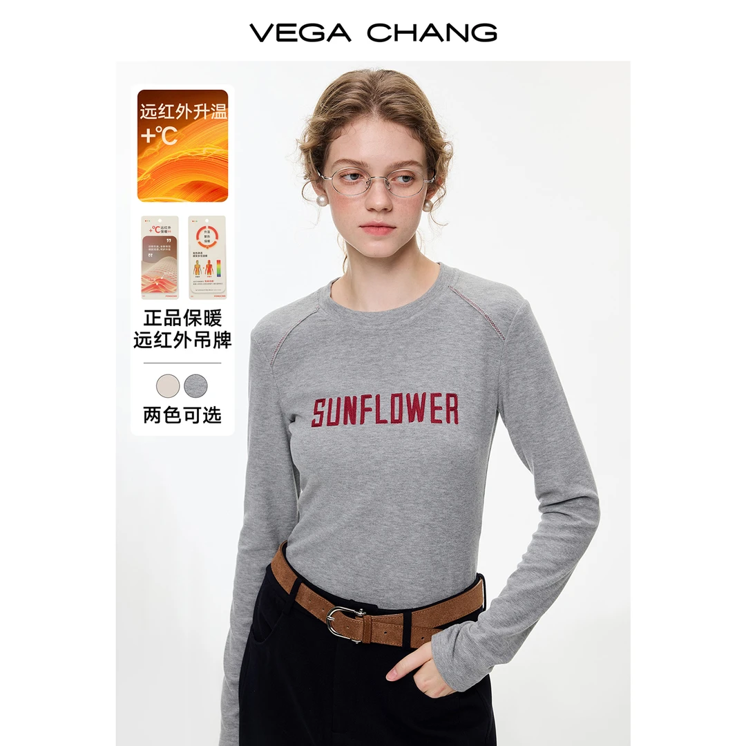 【韩系“小火山”】VEGACHANG刺绣坑条针织衫女冬自发热正肩T恤0359LW