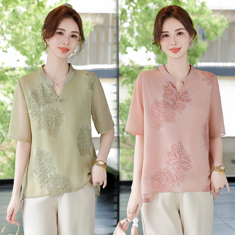 中老年女装夏季新款两件套妈妈夏装国风短袖T恤洋气宽松遮肚小衫