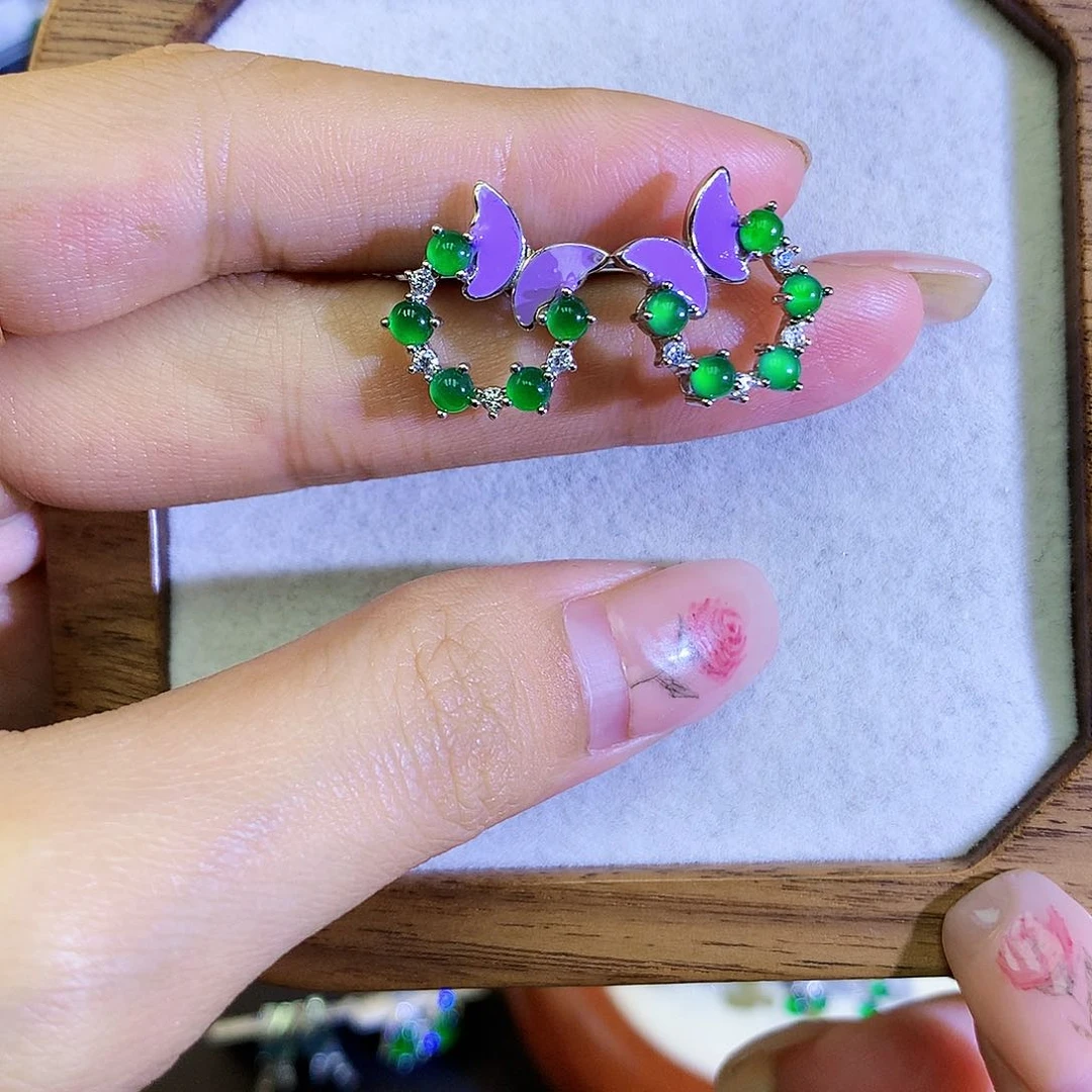 翡翠耳饰银S925镶嵌天然翡翠蛋面耳钉