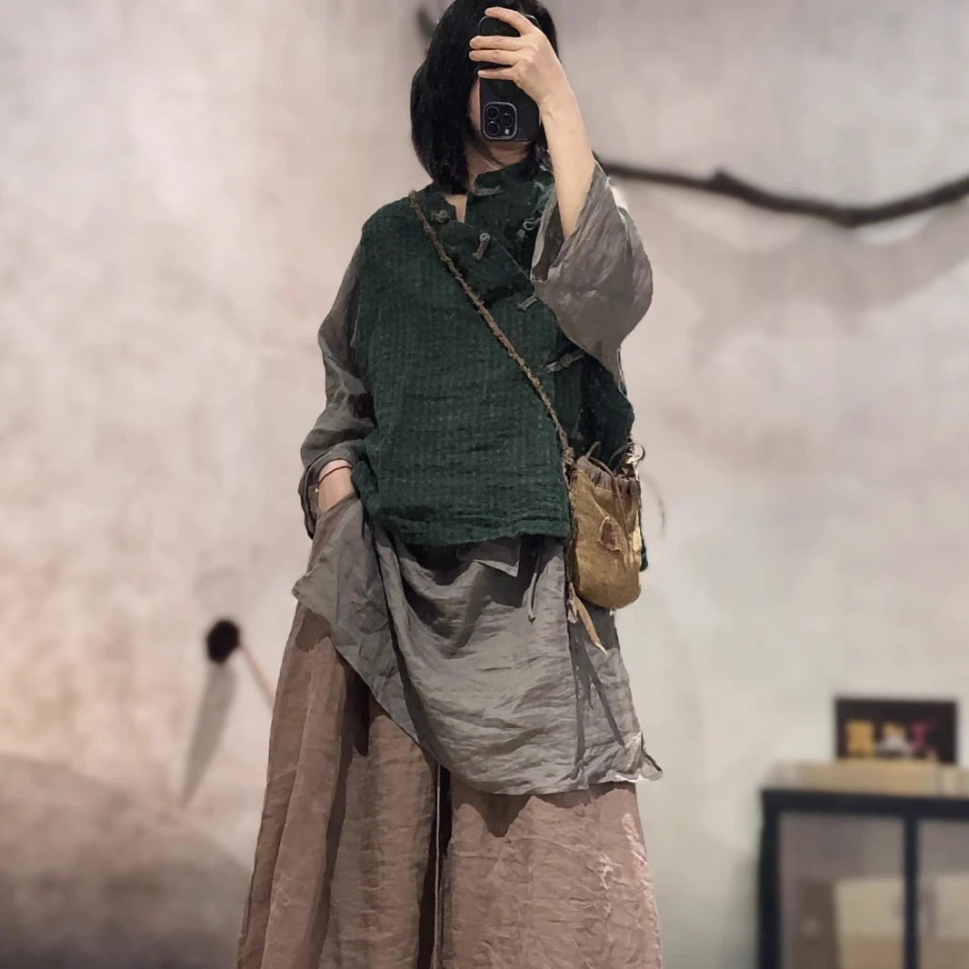 素年未央  小卓 提花亚麻偏襟中式复古套头马甲