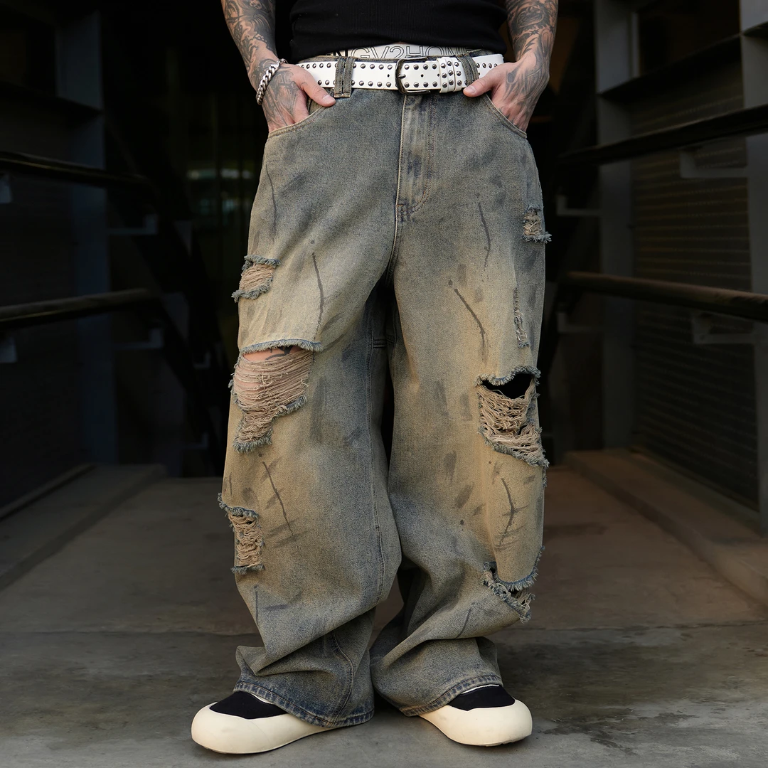 2025新款潮牌宽松直筒松紧怀旧蓝色水洗牛仔裤复古休闲破洞裤子侏