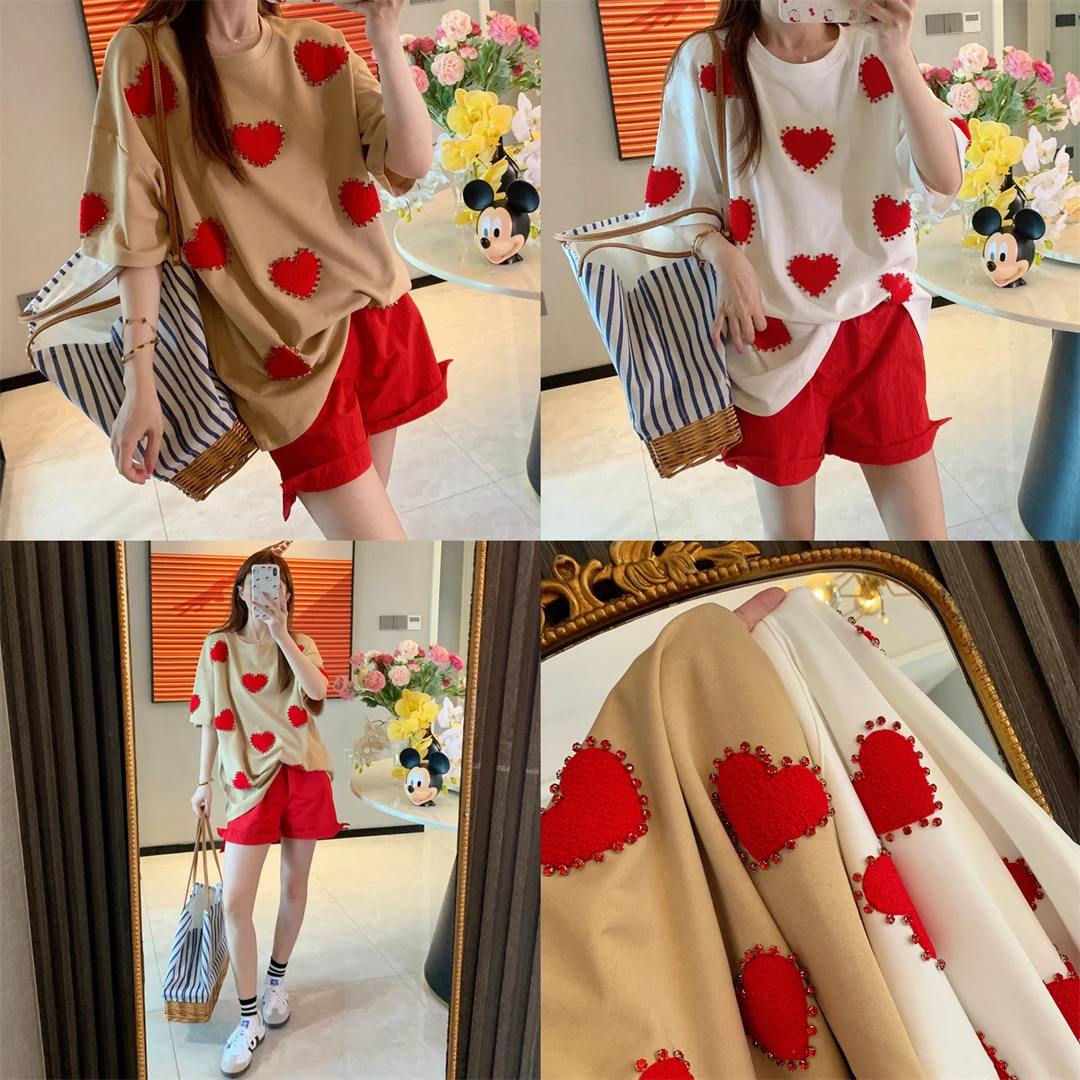 JENNIFER JXLIU韩版很洋气的红色爱心桃水钻圆领宽松短袖T恤女