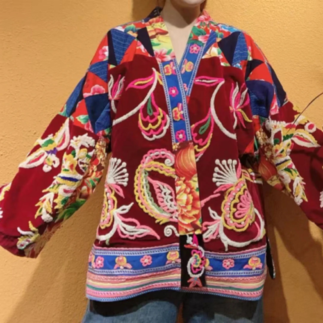 民族风手工老绣割绒绣拼接外套