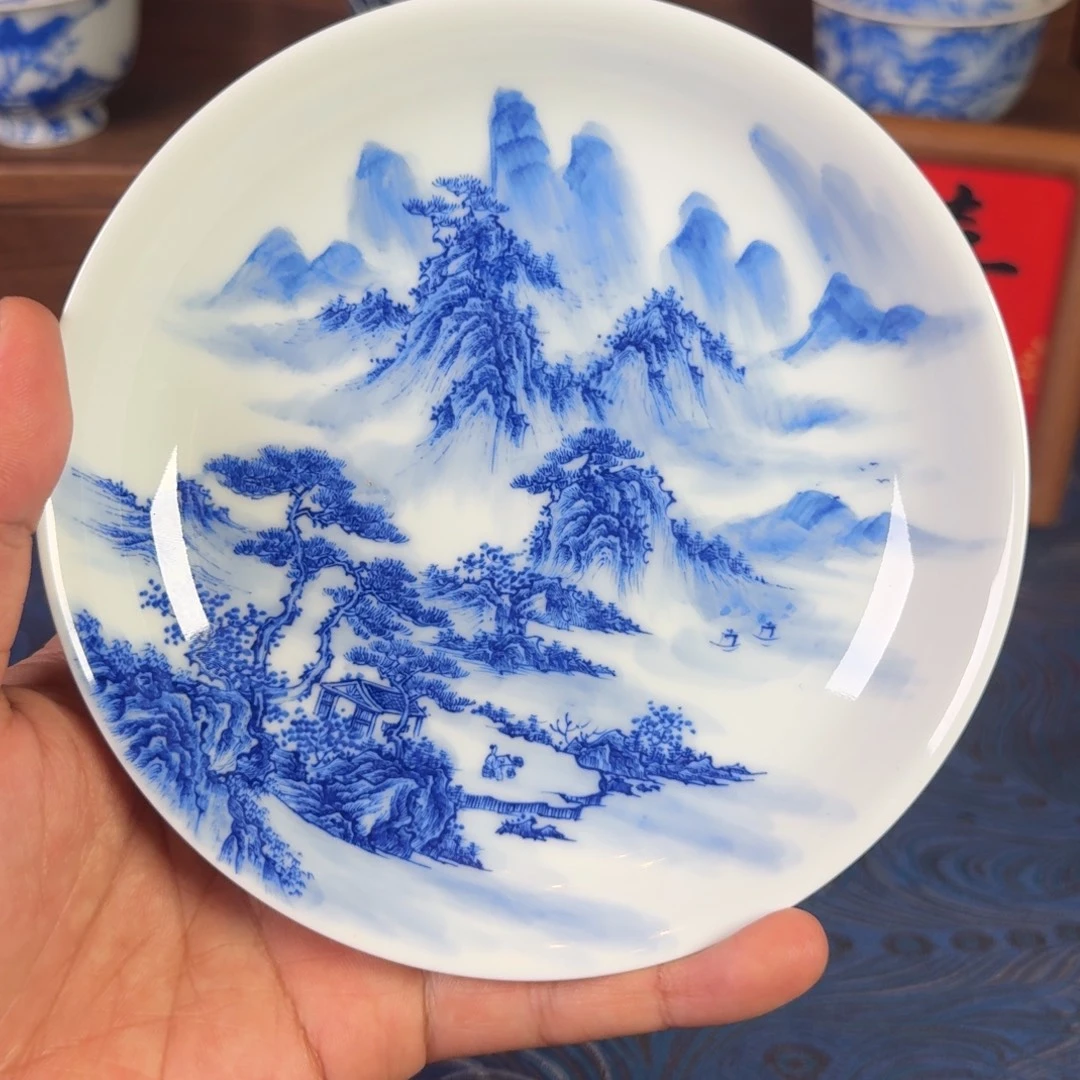 景德镇全手工手绘青花山水壶承