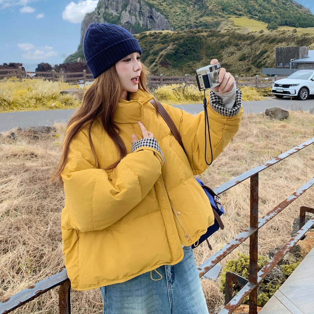 韩系格纹袖口拼接立领羽绒服女2025冬季小个子休闲简约白鸭绒外套