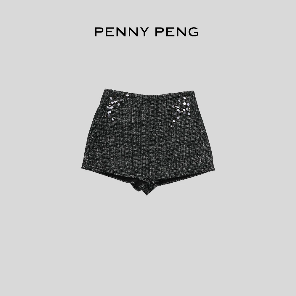 PENNY PENG巴黎巡游【现货】设计感轻奢早春黑灰色重工亮片羊毛短裤