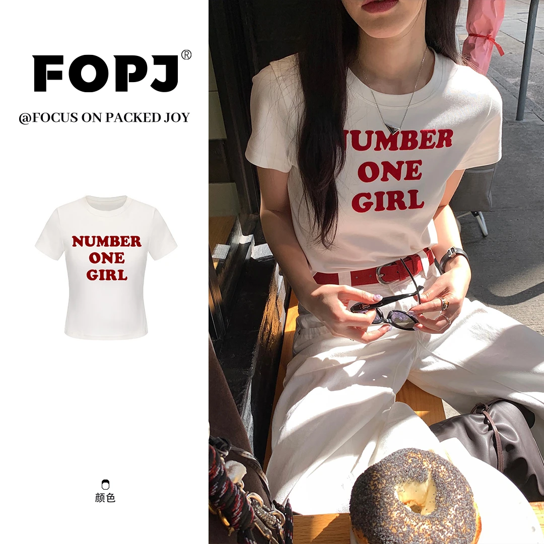FOPJ时尚修身显瘦夏季新款BM风设计感字母印花韩版短袖t恤女上衣