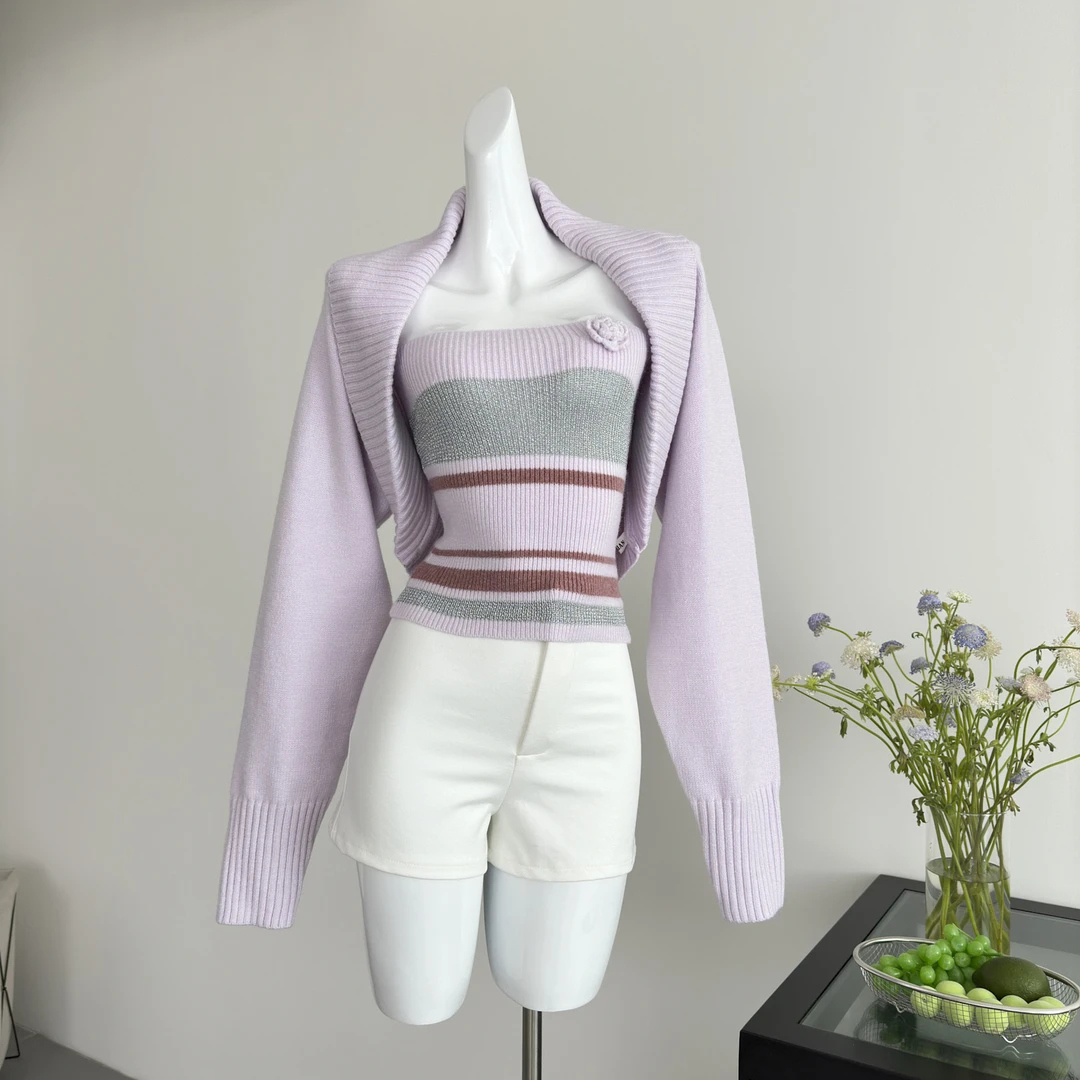 撞色毛亮丝小香吊带背心 慵懒感长袖针织开衫罩衫上衣