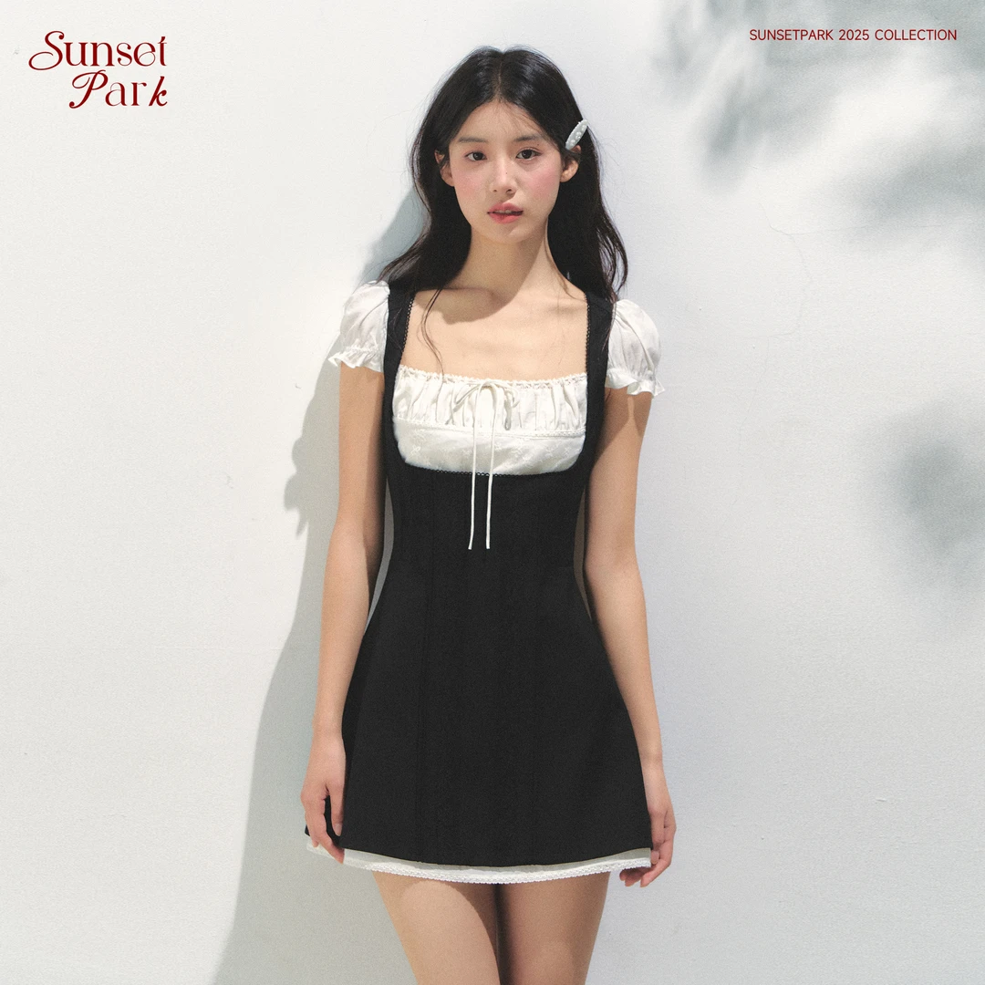 SunsetPark日落公园 "少女伊甸园"复古黑白撞色假两件方领连衣裙