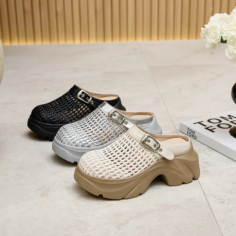 增高8CM包头拖鞋女外穿2025夏季新款厚底拖鞋编织透气凉鞋凉拖鞋