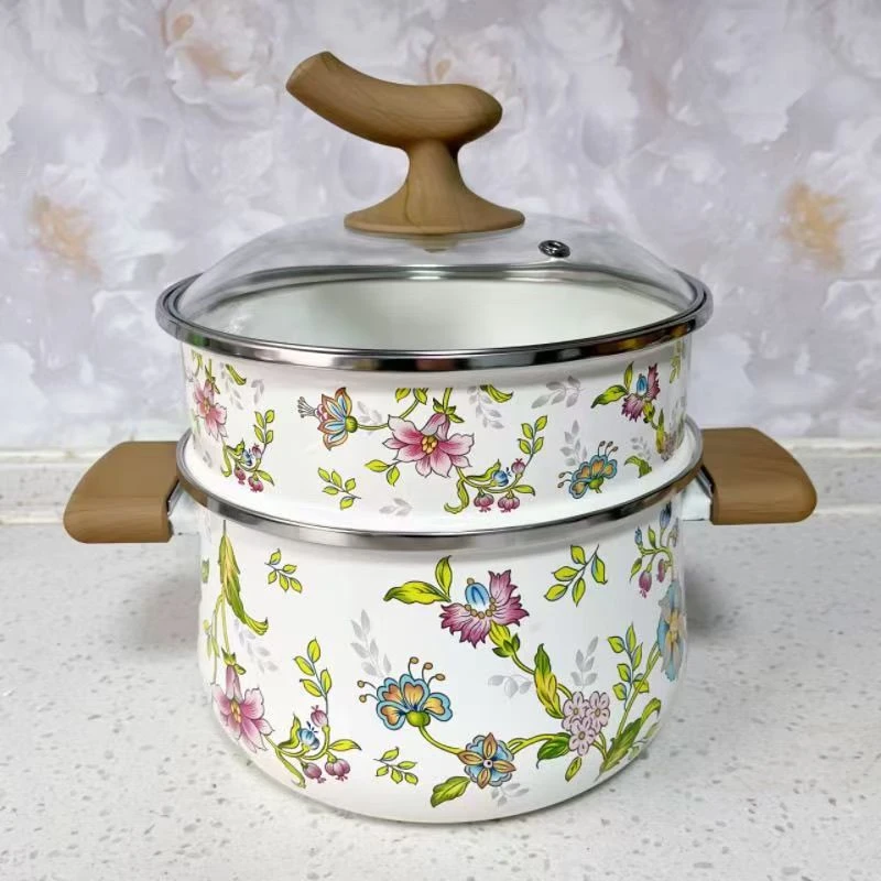 法式田园双耳蒸锅家用搪瓷厚款蒸锅芳香花色蒸锅家用汤锅煮粥双用