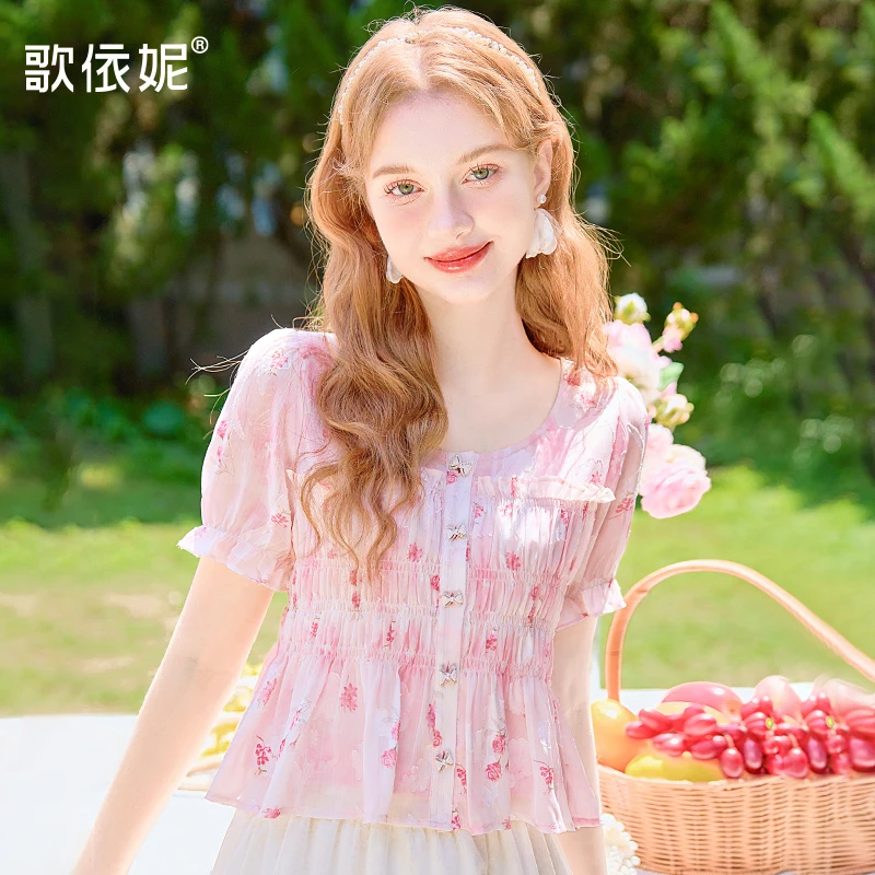 歌依妮2025夏季新款女甜美短款休闲百搭碎花衫雪纺衫短袖T恤上衣