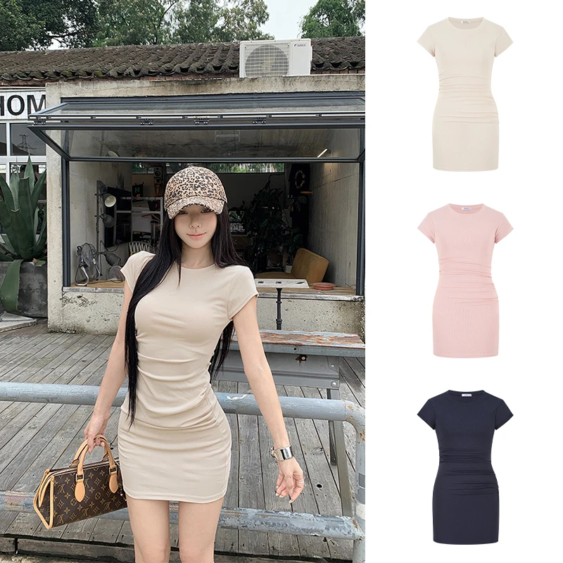 Moses Queen/魔西女王性感修身圆领女夏设计感收腰褶皱显瘦包臀裙