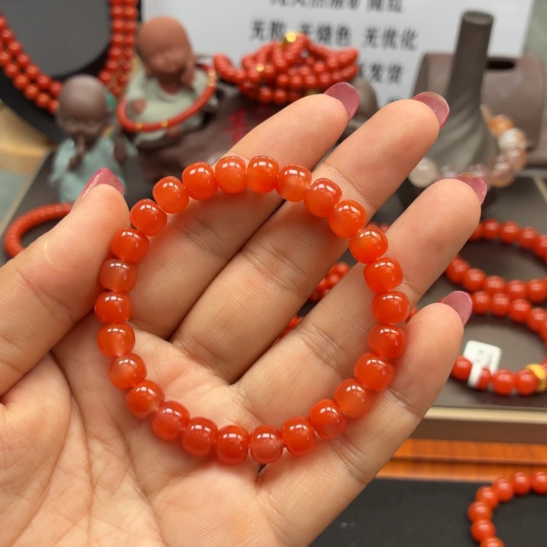 南红玛瑙未镶嵌手串中洞子柿子红老型8