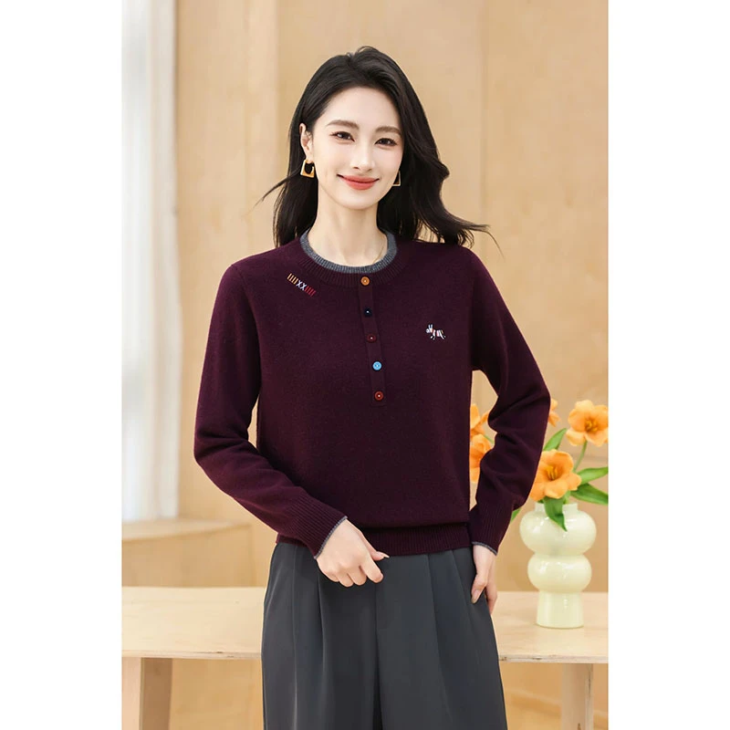 【香嘉怡新品】XJYE3767女士上衣100绵羊毛圆领套头秋冬针织衫