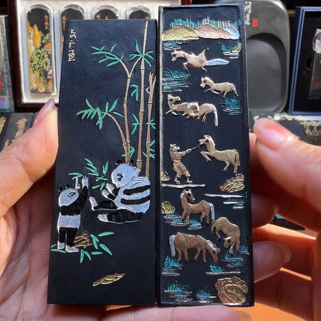 八骏图熊猫松烟墨胡开文