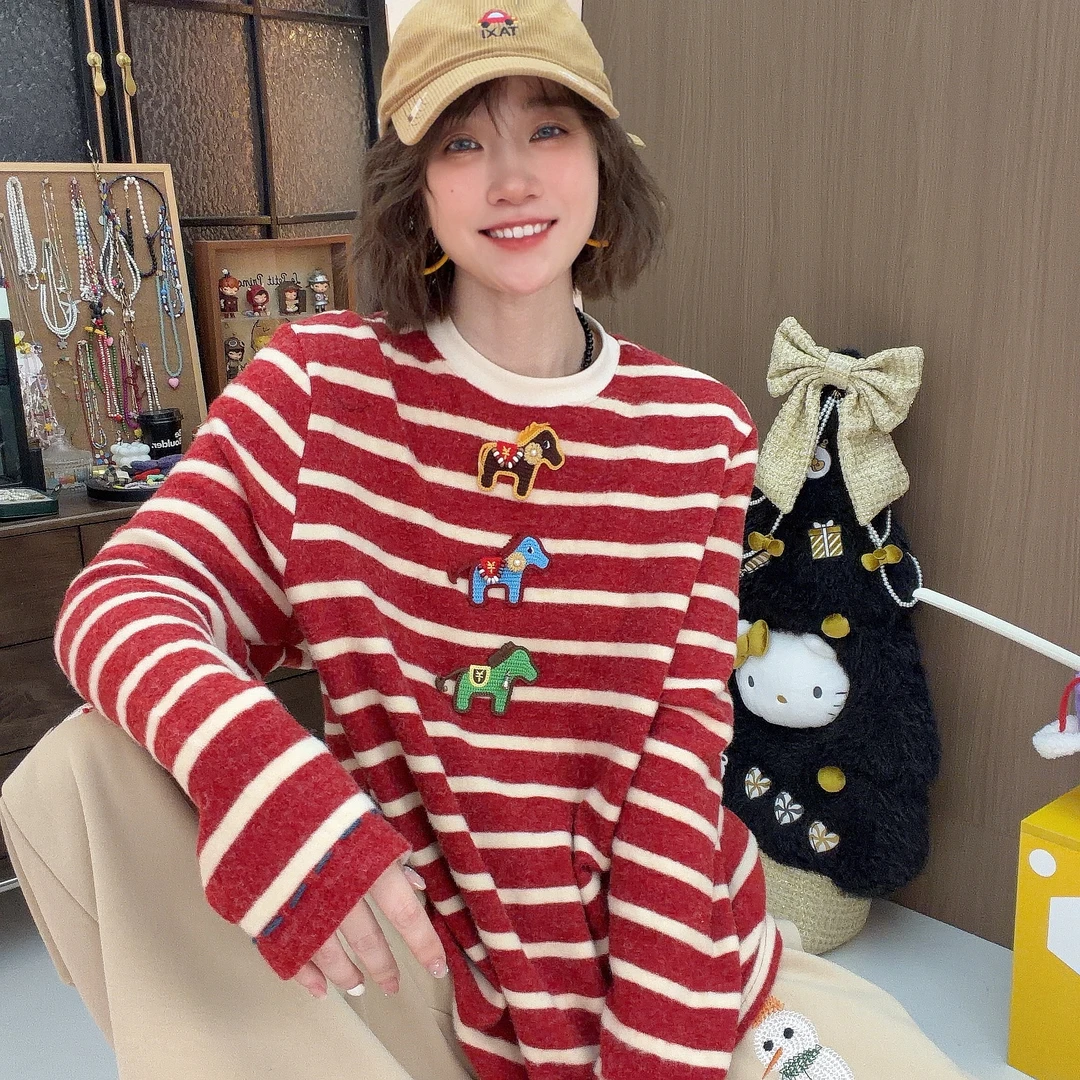 Apr.【年货马】冬季加厚双面绒条纹撞色立体贴布刺绣圆领卫衣25F233