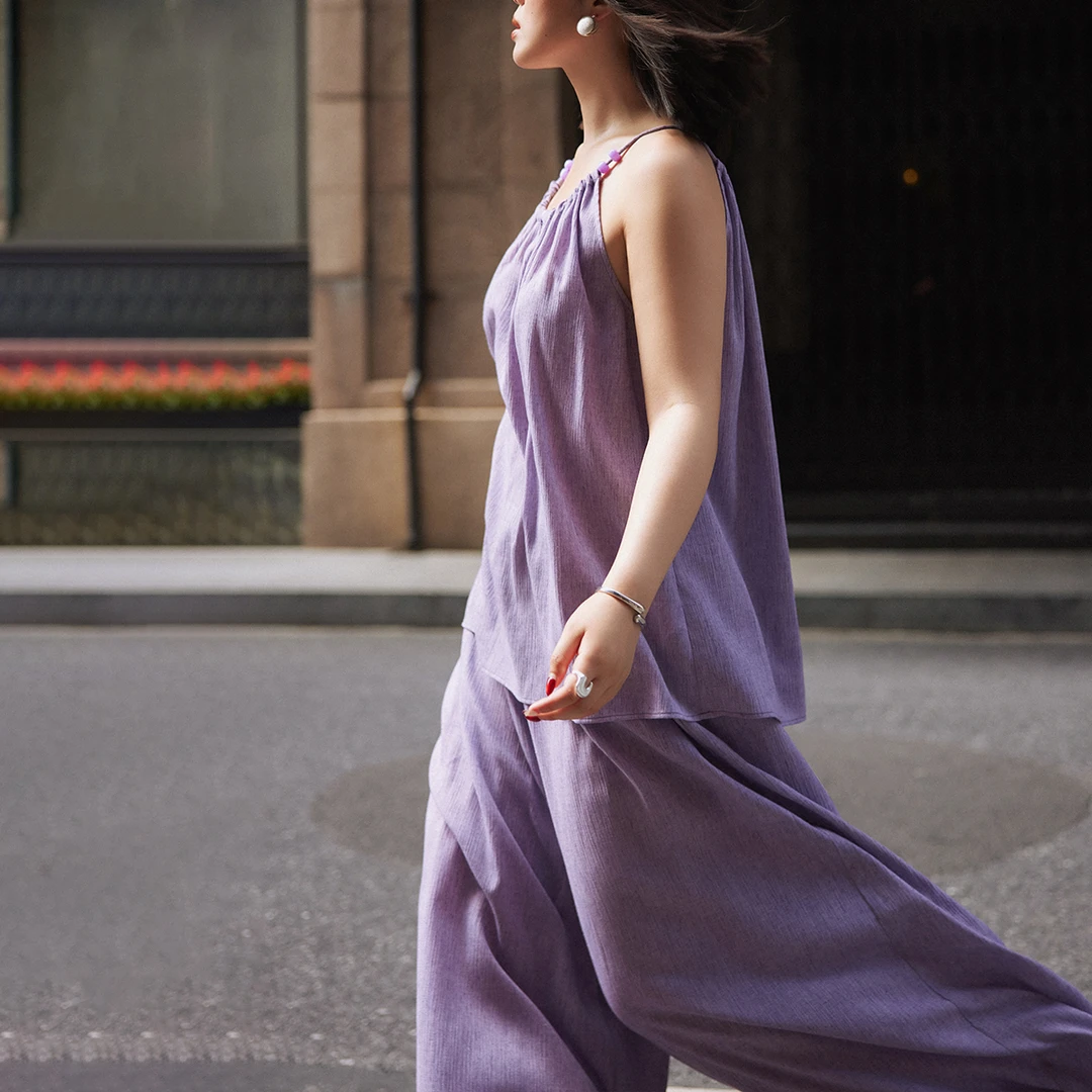 PLUSMALL 桔梗野风集 双色串珠吊带+大阔腿裙裤套装PLUS2505100AB