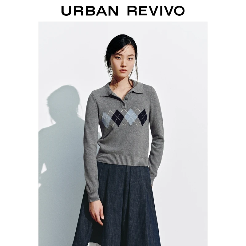UR2025秋季新款女装休闲学院风菱格纹短款针织衫UYY950145
