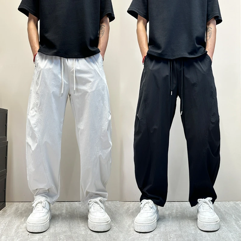 裤子男夏薄款透气休闲弯刀裤美式高街宽松直筒哈伦阔腿裤痞帅男裤