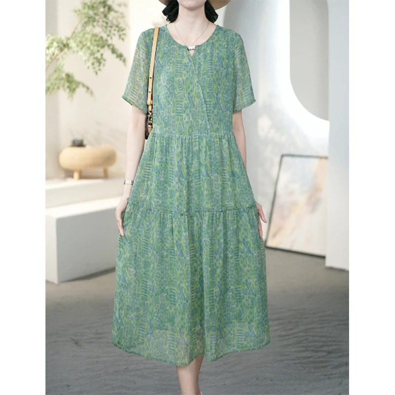 阿吉多绿色短袖大码连衣裙女夏季时尚减龄妈妈装法式长裙子A32165