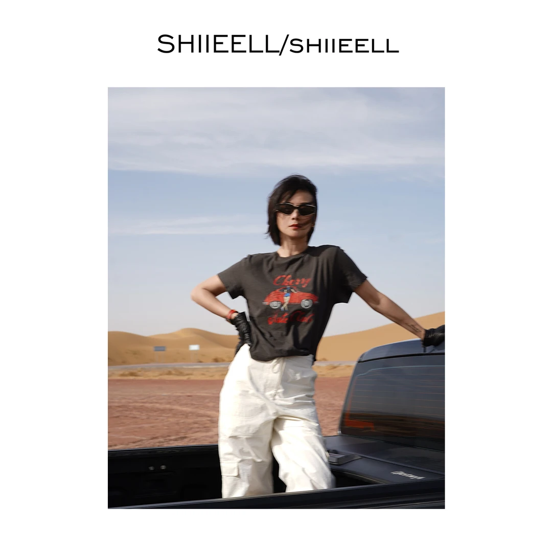 SHIIEELL夏季新款修身美式复古洋气软糯棉质汽车印花短袖T恤W0125
