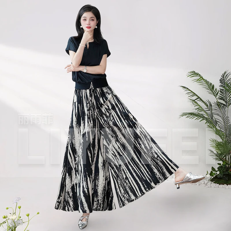 2025新款水墨印花醋酸锻半身裙裤百搭四季款印花裙裤