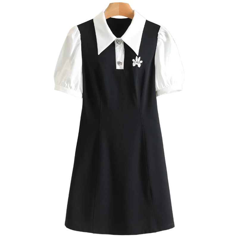 F1906-【珞】Polo领翻领短袖百搭连衣裙#BLU56L040