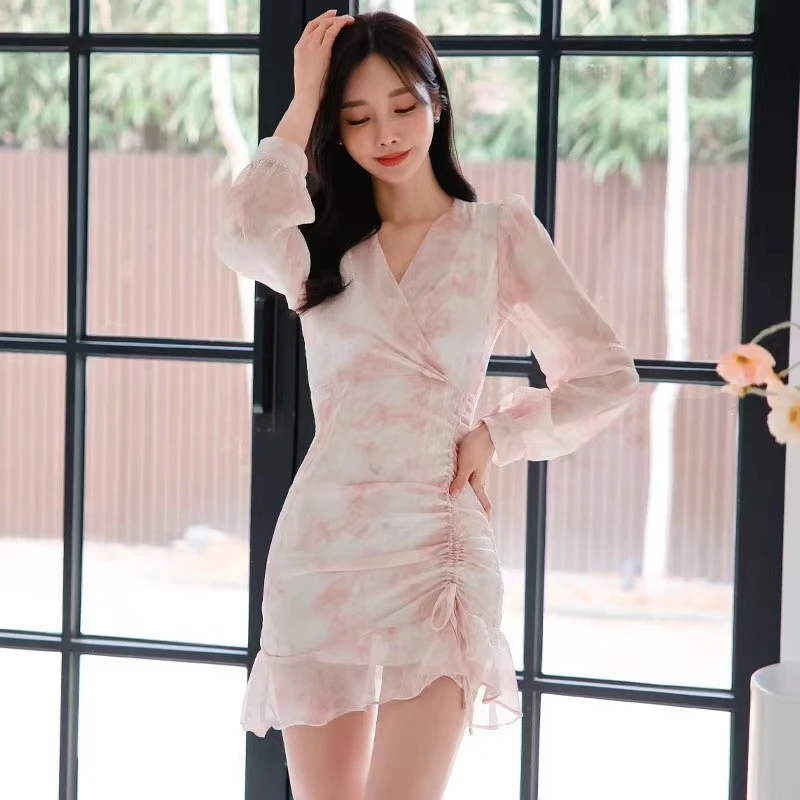 I2716法式气质小清新交叉V领皱褶抽绳修身显瘦荷叶边印花连衣裙