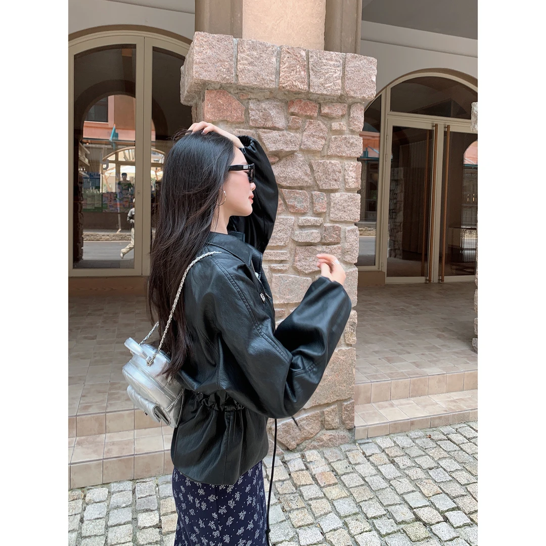 切糕自制【美区留言】小个子初秋流光风酷飒韩系百搭长袖皮衣外套