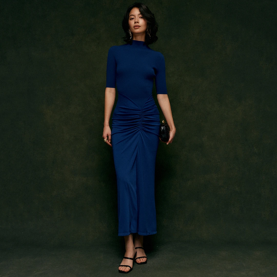 Z老板 布鲁斯蓝 褶皱拼接连衣裙女春季小众设计气质修身显瘦长裙