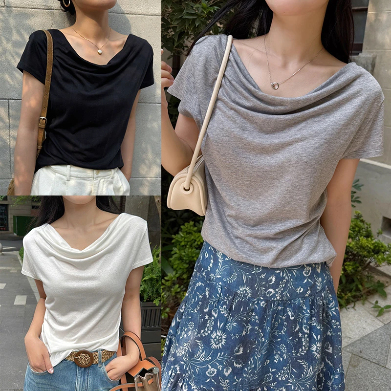 美人骨荡领三色T恤 勾勒肩颈线条 柔滑软糯好打理F2393