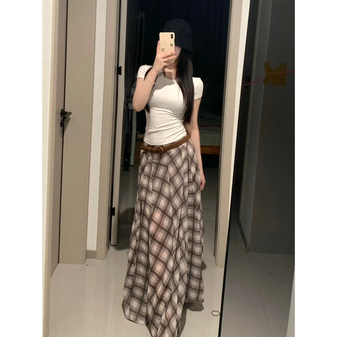 180高个子加长版新款不规则棕色格子半身裙女夏季显瘦飘逸中长裙