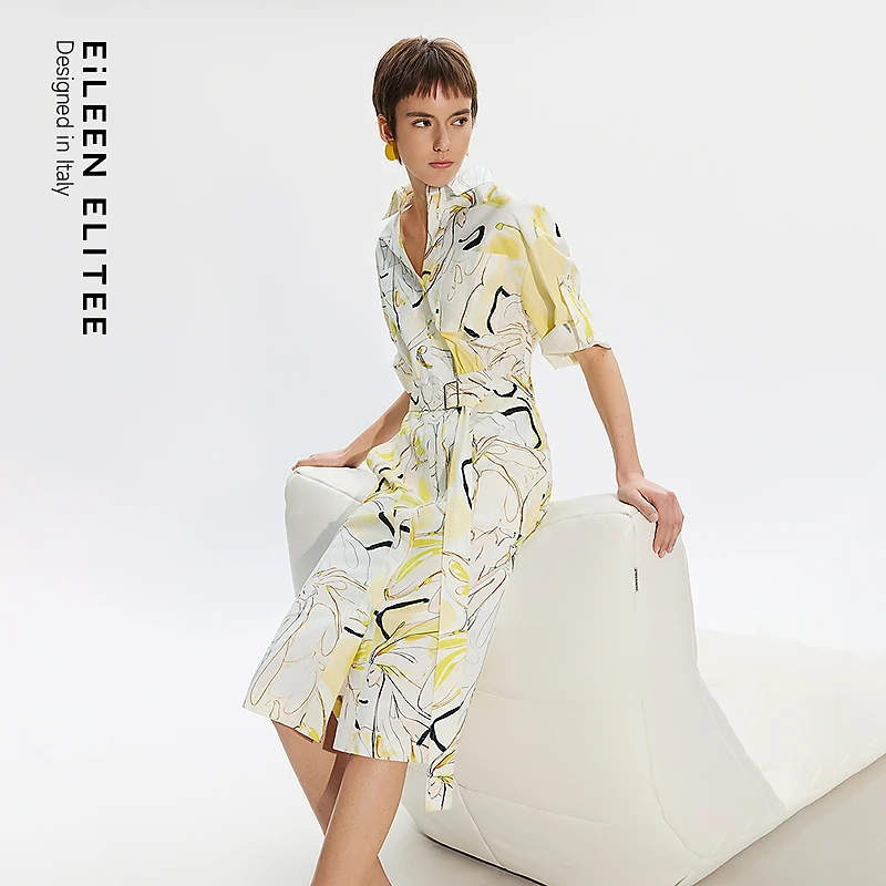 朗姿欧洲EiLEEN ELITEE艺术设计感印花衬衫连衣裙2025年夏季新款