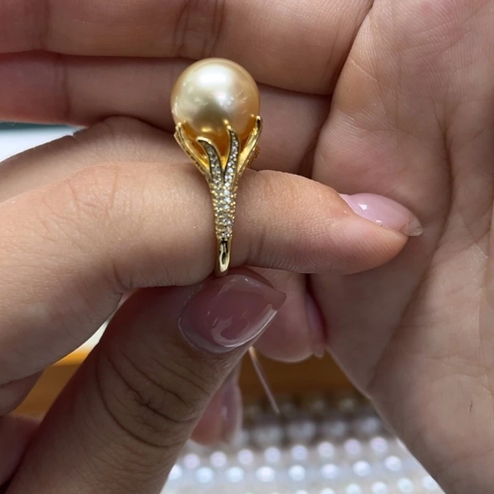 海水珍珠银S925镶嵌戒圈金珠11-12mm58号