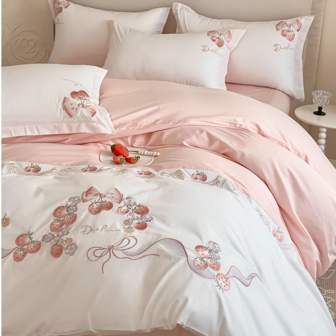 奶油草莓A类100全棉小清新奶油风刺绣四件套四季通用绣花床上用品