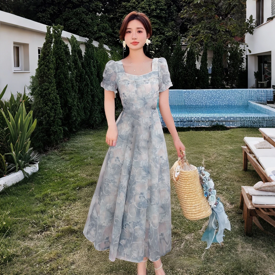 A【有里布】夏季新款显瘦收腰气质甜美优雅长款法式碎花连衣裙D2047