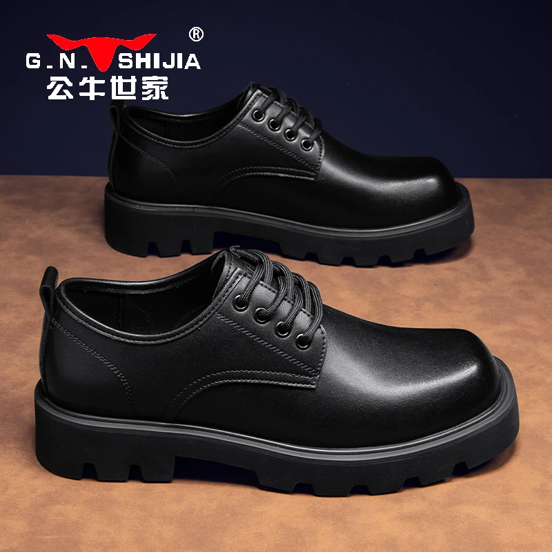 公牛世家皮鞋男夏季2025新款英伦风大头德比鞋男厚底增高西装潮鞋