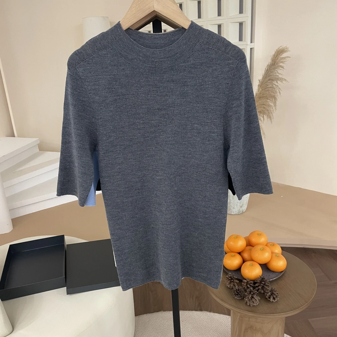 超细精纺德国南毛进口扬子纱100纯羊毛半高领针织短袖背心女